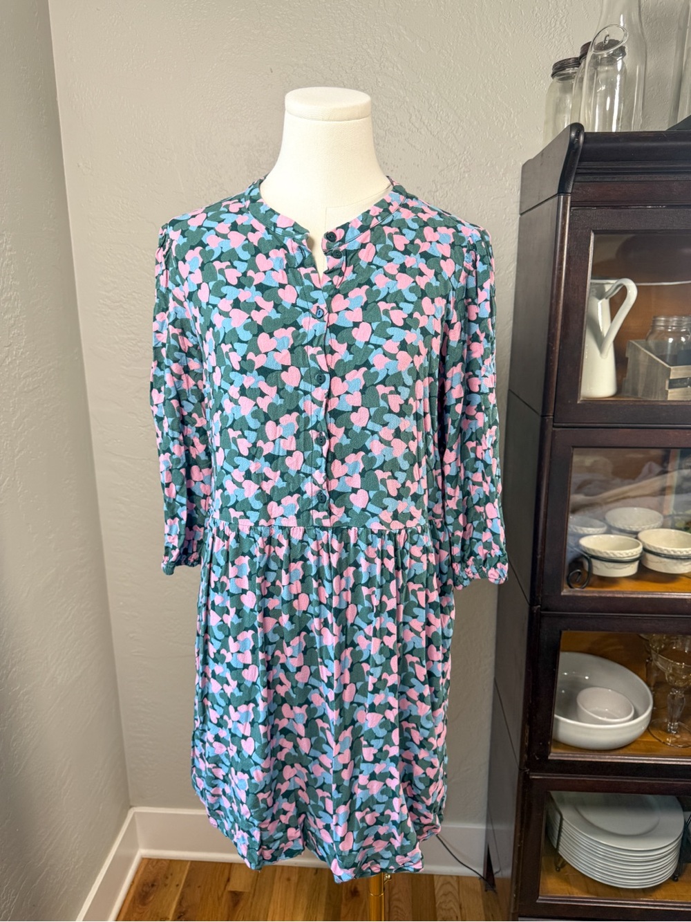 Sugarhill Brighton Heart Print Button Front Smock Dress Pockets Size US 8